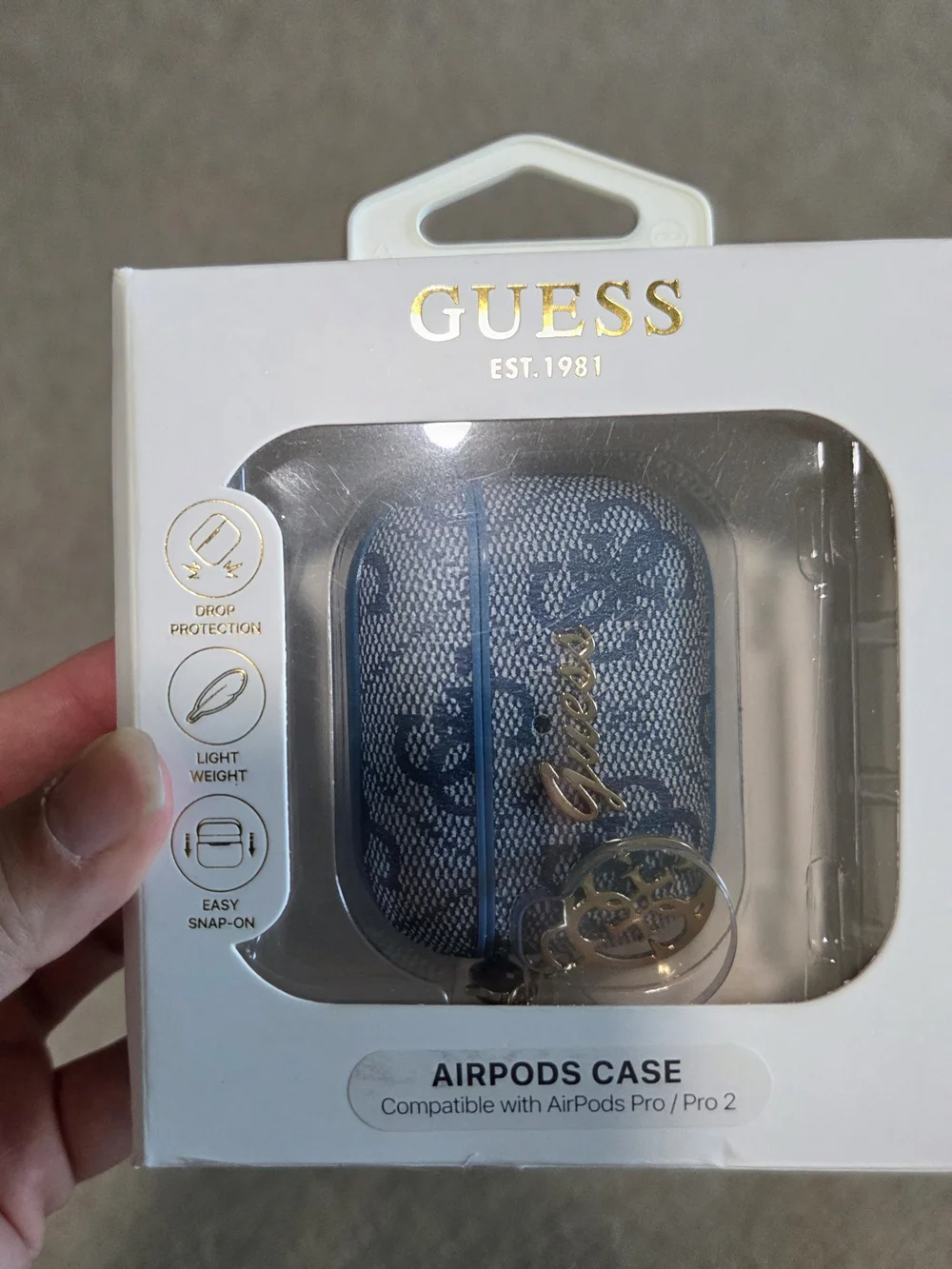 GUESS Blue Patterned AirPods Pro Case with Gold Logo Charm